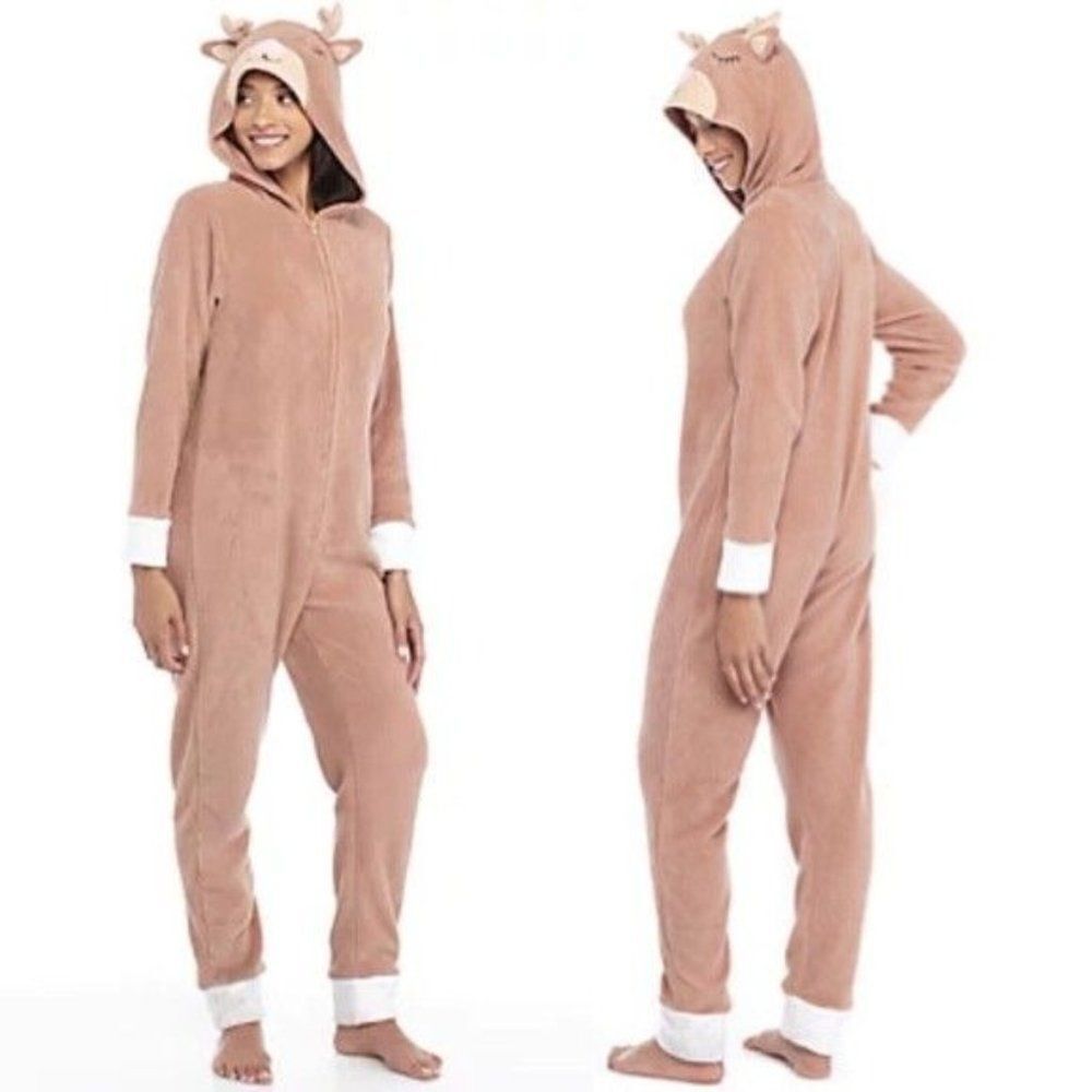 PJ Couture Hooded Reindeer Jumpsuit One-Piece Size Small Full Length Onesie